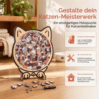 Drevené puzzle s mačkou pre dospelých, 135 dielikov, unikátne kolíčkové puzzle v tvare zvieraťa s
