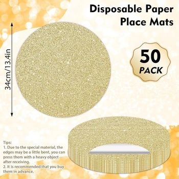 Balení 50 kusů zlatých papírových prostírání, kulaté, 35 cm, třpytivé papírové prostírání, světle