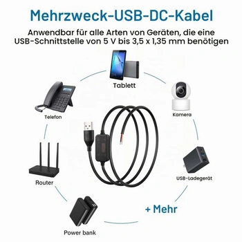 SinLoon DC Boost kabel USB 5V na 12V Boost měnič, USB 2.0 zástrčka na holý kabel, vhodný pro