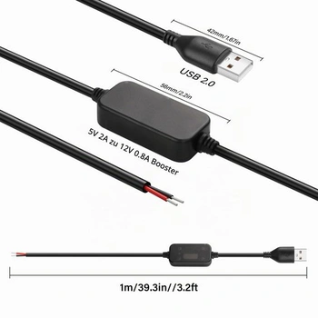 SinLoon DC Boost kabel USB 5V na 12V Boost měnič, USB 2.0 zástrčka na holý kabel, vhodný pro