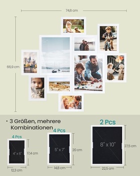 SONGMICS Koláž z fotorámikov, 10 fotorámikov v 3 veľkostiach, nevyžaduje žiadne náradie, biela, 20 x