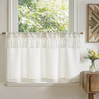 TOPICK Moderné bistro záves so strapcami, 1 kus, V 60 x Š 90 cm, biely s bielym strapcovým lemom, V 60 x