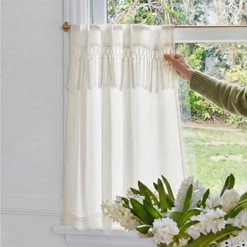TOPICK Moderné bistro záves so strapcami, 1 kus, V 60 x Š 90 cm, biely s bielym strapcovým lemom, V 60 x