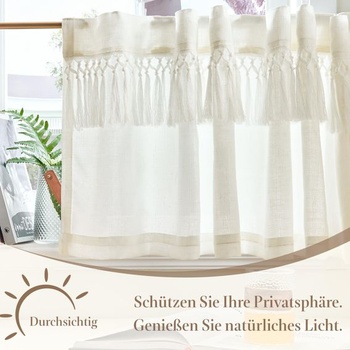 TOPICK Moderné bistro záves so strapcami, 1 kus, V 60 x Š 90 cm, biely s bielym strapcovým lemom, V 60 x