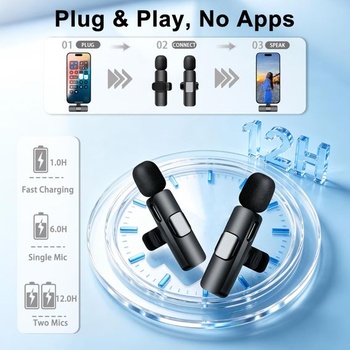 Bezdrôtový klopový mikrofón pre iPhone, iPad a telefón s Androidom, sada 2 mini mikrofónov s