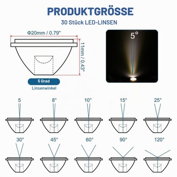 PATIKIL 5stupňová 20mm vysoce výkonná LED čočka, 30 kusů reflektorových kolimátorů PMMA čoček s