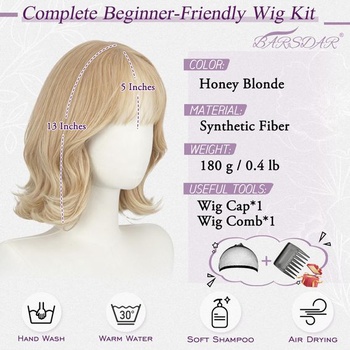 BARSDAR Syntetická krátká vrstvená světle blond bob paruka s jemnou ofinou, medově blond 33 cm