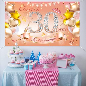 HOWAF Dámský banner k 30. narozeninám, růžovo-zlatý, látkový plakát, banner pro dámské 30.