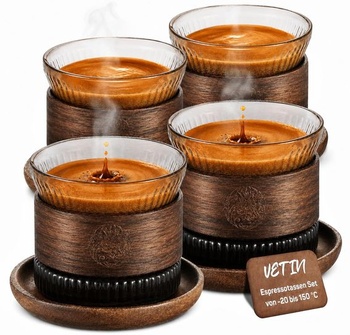 VETIN Sada 4 espressových šálok – Poháre na espresso s podšálkami a dreveným krúžkom, 170 ml,