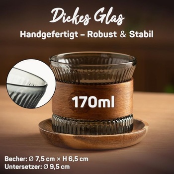 VETIN Sada 4 espressových šálků – Sklenice na espresso s podšálky a dřevěným kroužkem, 170 ml,