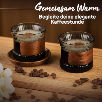 VETIN Sada 4 espressových šálok – Poháre na espresso s podšálkami a dreveným krúžkom, 170 ml,