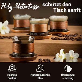 VETIN Sada 4 espressových šálků – Sklenice na espresso s podšálky a dřevěným kroužkem, 170 ml,