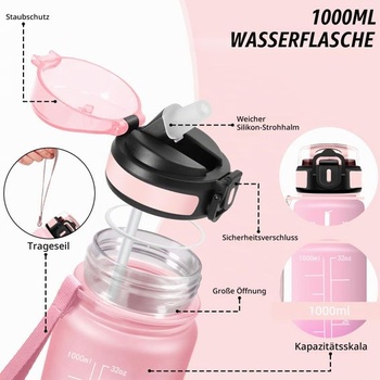 1l športová fľaša na vodu so slamkou, ľahko sa čistí, nepriepustná, prenosná, veľkosť pre dospelých,