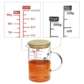 Odmerka QWORK® 1l z borosilikátového skla s bambusovým viečkom, viac stupníc, odolná voči teplu aj
