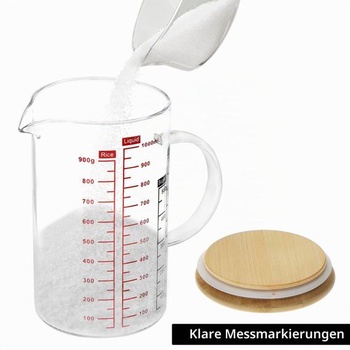 Odměrka QWORK® 1l z borosilikátového skla s bambusovým víčkem, více stupnic, odolná vůči teplu i