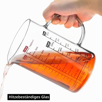Odměrka QWORK® 1l z borosilikátového skla s bambusovým víčkem, více stupnic, odolná vůči teplu i