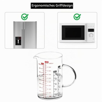 Odměrka QWORK® 1l z borosilikátového skla s bambusovým víčkem, více stupnic, odolná vůči teplu i