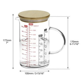 Odměrka QWORK® 1l z borosilikátového skla s bambusovým víčkem, více stupnic, odolná vůči teplu i