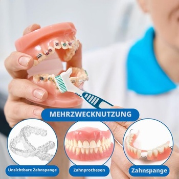 Súprava téglikov a kefiek na zubné protézy – 2dielne puzdro na zubnú protézu s košíkom + 2 kefky