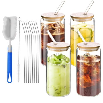 Sada 4 pohárov s viečkami a slamkami, poháre na pitie s objemom 500 ml/16 oz s viečkami, poháre na ľadovú