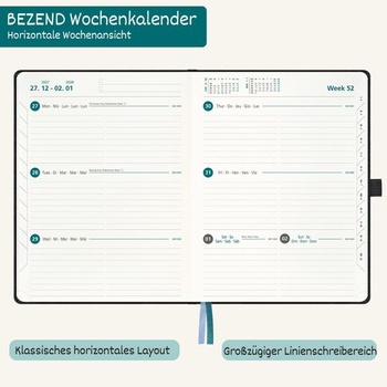 BEZEND Kalender 2026 2027 Horizontální Wochenkalender A4 (28,5 x 22 cm) Lila 28 x 21 cm