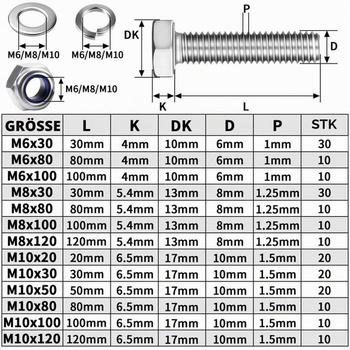 Sada šesťhranných skrutiek a matíc Mbsomnus M10, 10 ks, nerezové skrutky M10X80 mm - 10 ks