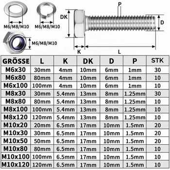 Sada šestihranných šroubů a matic Mbsomnus M10, 10 ks, nerezové šrouby M10X80 mm - 10 ks