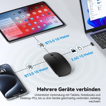 Bezdrôtová myš TECKNET Bluetooth USB-C a USB-A, tenká, so 4 tlačidlami, čierna