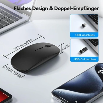 Bezdrátová myš TECKNET Bluetooth USB-C a USB-A, tenká, se 4 tlačítky, černá