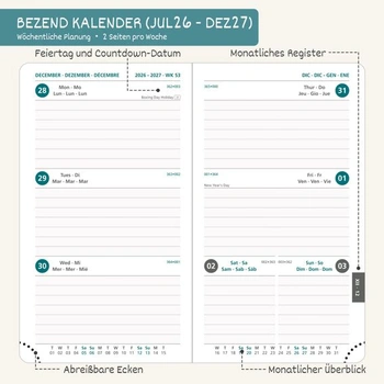 BEZEND Kapesní kalendář 2026 2027 Malý týdenní kalendář A6 15,5 x 9 cm A6 15,5 x 9 cm 2026 2027