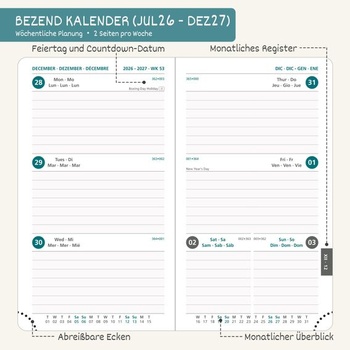 BEZEND Vreckový kalendár 2026 2027 Malý týždenný kalendár A6 15,5 x 9 cm A6 15,5 x 9 cm 2026 2027