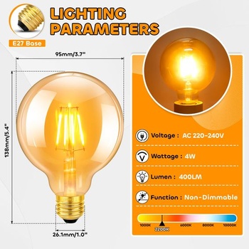 Edison Vintage žiarovka E27 4W, priemer 95 mm, guľatá LED žiarovka G95 s vláknom, nahrádza 40W