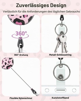 Rozšíriteľná kľúčenka Uniclife s leopardím potlačou, odznak, cievka, ružová, leopardí vzor