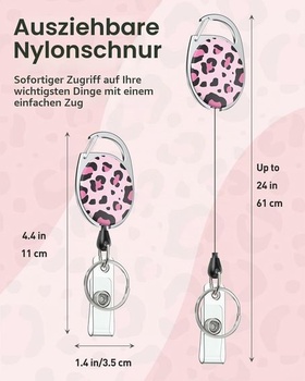 Rozšíriteľná kľúčenka Uniclife s leopardím potlačou, odznak, cievka, ružová, leopardí vzor