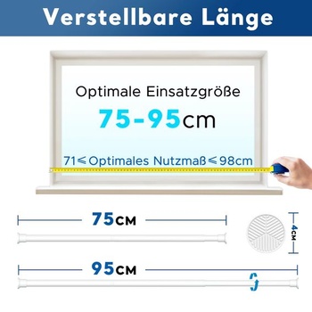 Tyč na záclony s upínacími svorkami, 75-95 cm, bílá, Ø 25 mm, tyč s upínacími svorkami, bílá, 75-95