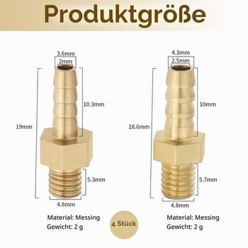 4 mosadzné hadicové spojky M5 x 0,8 s protihrotmi, hadicová spojka s vonkajším závitom pre hadice 3 mm