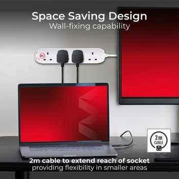 Prodlužovací kabel Masterplug se 4 zásuvkami, přepěťová ochrana, 2 m, 25 x 5,5 x 3 cm, bílý.