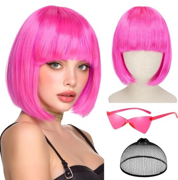 Parochňa Sofiyan Bob so slnečnými okuliarmi, parochňa pre cosplay párty s ofinou, ružovočervená