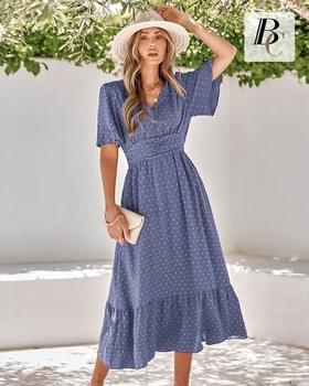 Dámske letné šaty BebreezChic, dlhé, elegantné, s krátkym rukávom, výstrihom do V, vysokým pásom,