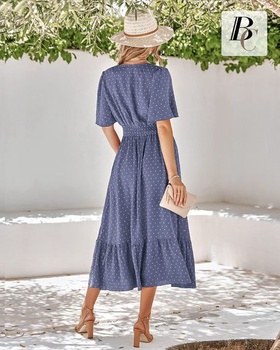 Dámske letné šaty BebreezChic, dlhé, elegantné, s krátkym rukávom, výstrihom do V, vysokým pásom,