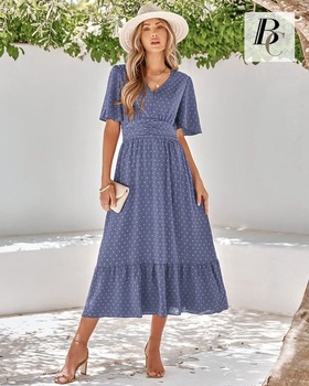 Dámske letné šaty BebreezChic, dlhé, elegantné, s krátkym rukávom, výstrihom do V, vysokým pásom,