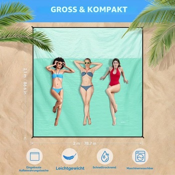 CASEBOT Extra veľká plážová deka bez piesku 210x200 cm, pikniková deka, odolná proti piesku,