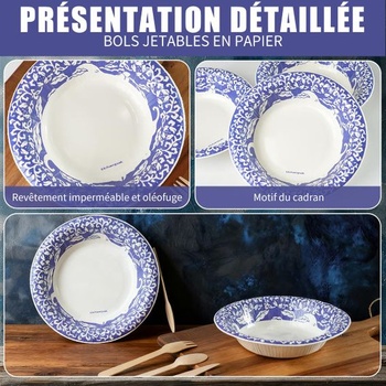Jednorazové kartónové misky, 470 ml, 50 kusov, elegantný porcelánový design, robustný a vhodné do