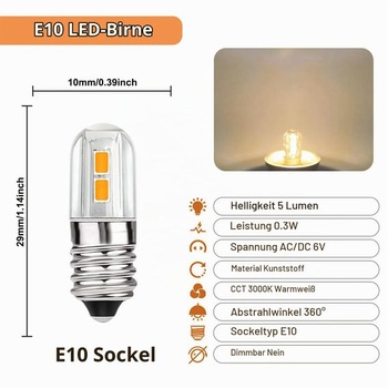 5 ks E10 LED žiaroviek 6V, AC/DC 6V 0,3W, 3000K teplá biela, nahrádza 3 watty, náhradné žiarovky za