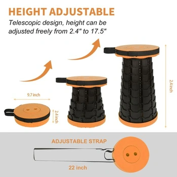 Teleskopická kempingová stolička, nastaviteľná výška 6-45 cm, nosnosť 181 kg, prenosná s popruhom