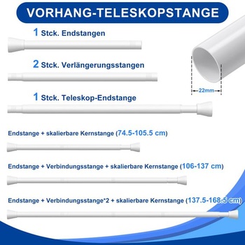 Záclonová tyč bez vŕtania, 75-160 cm, Ø 22 mm, biela, 75-160 cm - 1 kus