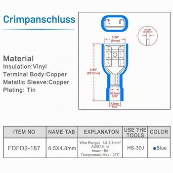 Káblová svorka Heschen pre 1,5–2,5 mm² (16–14 AWG), FDFD2-187, vinylová, plne izolovaná, 4,8 x 0,5