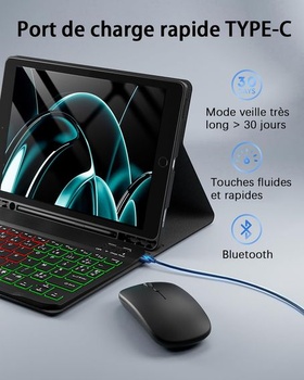 Podsvícená klávesnice a myš pro iPad 9./8./7. generace (9./2021, 8./2020, 7./2019) 10,2 palce/iPad