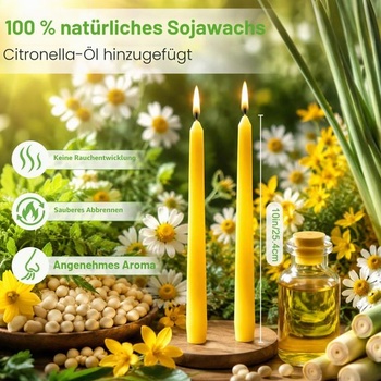 Sada 10 žlutých kuželových svíček, 25 cm dlouhá sada citronelových stolních svíček, kuželové svíčky