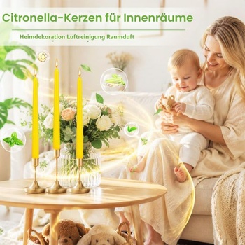 Sada 10 žlutých kuželových svíček, 25 cm dlouhá sada citronelových stolních svíček, kuželové svíčky